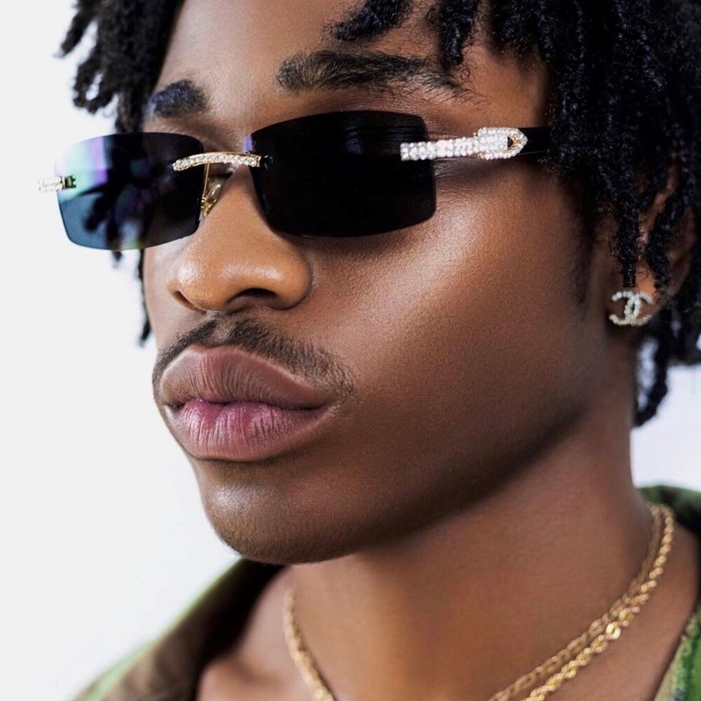 Men Sunglasses Black Lens Rectangular Rimless Diamond Gang Style Quevo Iced Out